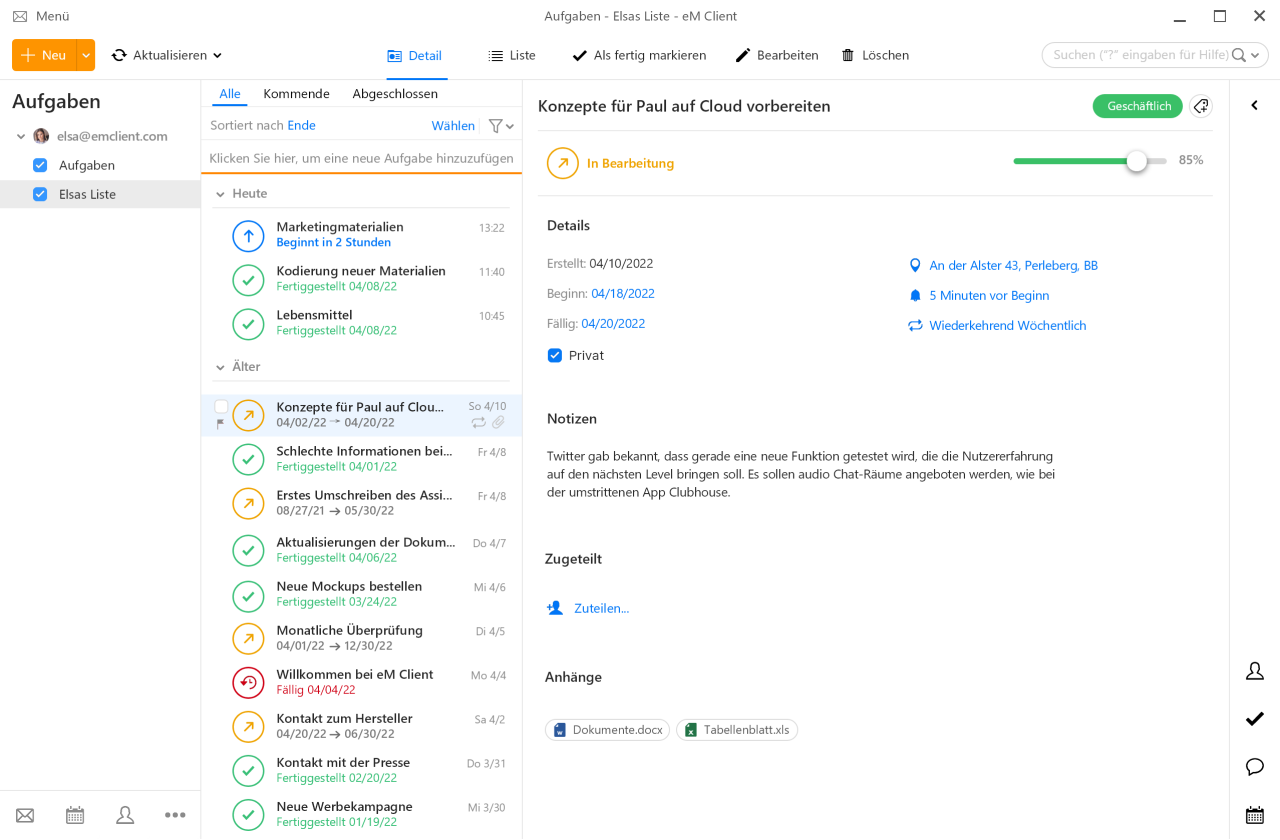 Produkt - Kalender und Aufgaben eM Client eM Client