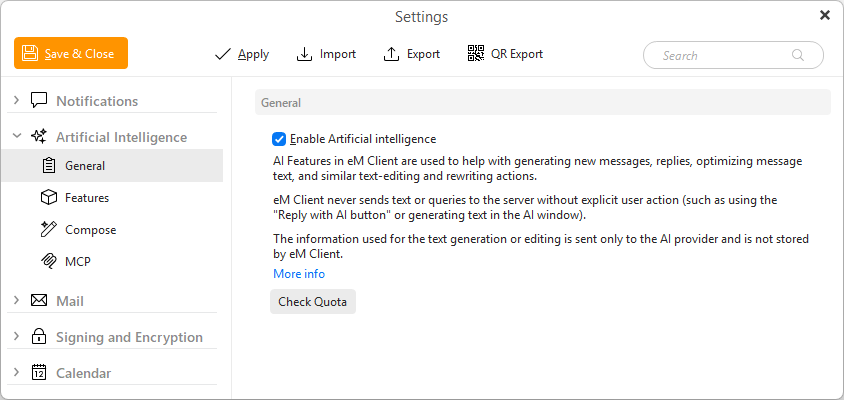 eM Client: Einstellungen für künstliche Intelligenz – Allgemein