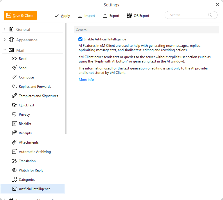 eM Client: Artificial Intelligence settings